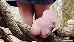 Goddess Teases You With Feet In Tan Pantyhose Amid Spring Forest Nature