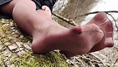 Goddess Teases You With Feet In Tan Pantyhose Amid Spring Forest Nature