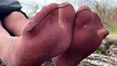 Goddess Teases You With Feet In Tan Pantyhose Amid Spring Forest Nature