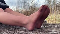 Goddess Teases You With Feet In Tan Pantyhose Amid Spring Forest Nature