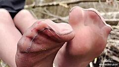 Goddess Teases You With Feet In Tan Pantyhose Amid Spring Forest Nature