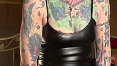 Hot milf’s great sex with a dildo and a tattoo on her back and a piercing on her nipple