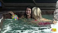 Amazing outdoor sex in the pool with pretty blonde and big titted brunette babes
