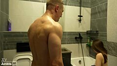 Muscular hunk surprises his girlfriend with a hot shower session