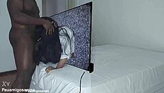 Halloween threesome with skinny blonds and monster cock