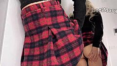 Skinny Japanese schoolgirl squirts hard from hairy pussy closeup.