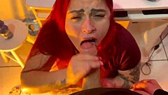 A beautiful Brazilian with red hair is a submissive and gives a deep blow job to make me cum