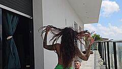 Beautiful woman fucks Tommy Cabrio on balcony with neighbors watching