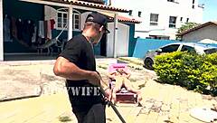 Brazilian milf waits for husband to leave, fucks pool cleaner outdoors in sheer