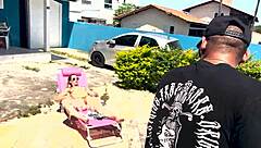 Brazilian milf waits for husband to leave, fucks pool cleaner outdoors in sheer
