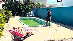 Wife fulfills cuckold fantasies with pool cleaner and wife