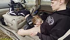 A hot scene of a couple having sex in the back of a car