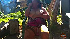 Klaudia Ambergirl Enjoys Solo Outdoor Activity with Stockings and Brunette Hair