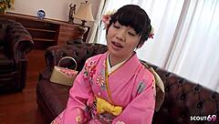 Petite Japanese teen shows off her small tits and pussy