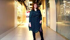 BBW milf flashes big boobs in mall then rides cock