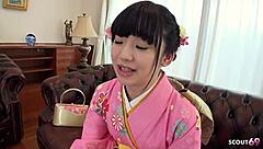 Petite Japanese teen shows off her small tits and pussy