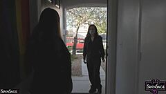 brunette sinn sage strips and teases before drilling ariex xs' wet big pussy with her dildo