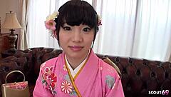 Petite Japanese teen shows off her small tits and pussy