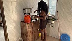Big cock makes woman squirt while cooking dinner in the kitchen