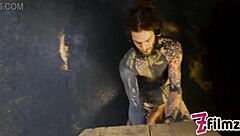 Tattooed worker gets dominated and fucked by girl