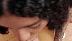 Tattooed Brazilian beauty sucks and swallows in heels