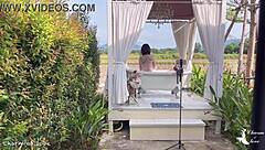 Beautiful skinny spanish student takes homemade bath bent over in public rice field bathroom