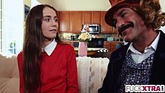 Petite blonde deepthroats in sex factory