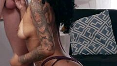Tattooed Brazilian beauty sucks and swallows in heels