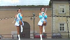 2 nice majorettes in amazing uniforms, fighting for the sake of love