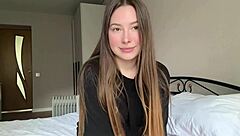 Cutie in black t-shirt touches herself and cums