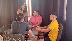 husband invites friends for cards, wife fucks all three