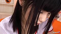 Nurse cosplay skinny Japanese teen in hospital setting