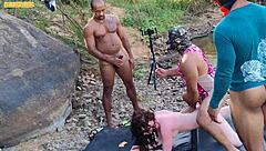 Public Gangbang With Three Monster Cocks