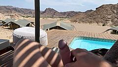 Mature amateur flashes big cock outdoors, leading to orgasm and cumshot in desert