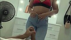 Morena caresses pervert's cock, receives cum on face