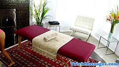 Massaged babe doggystyled on all fours by old masseuse