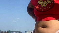 Beach tattoo, guy excited, show pussy!