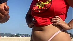 Beach tattoo, guy excited, show pussy!