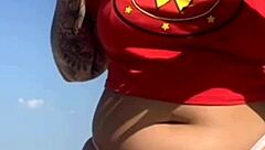 Beach tattoo, guy excited, show pussy!