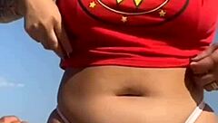 Beach tattoo, guy excited, show pussy!