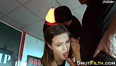 German slut GUZZLES jizz in blowbang session