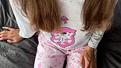 Horny 18-Year-Old Teen in Pajamas Fingers Shaved Pussy to Squirt Before Receiving Cumshot on Big Cock
