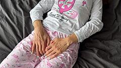 Horny 18-Year-Old Teen in Pajamas Fingers Shaved Pussy to Squirt Before Receiving Cumshot on Big Cock