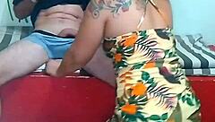 Passionate couple licks pussy in living room