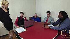 The slutty woman was caught by her boss in the office