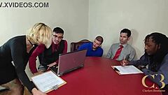 The slutty woman was caught by her boss in the office