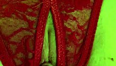 Shaved Pussy in Red Thongs Getting Wet from Fingering and Masturbation