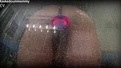 Chubby roommate's daring shower display with toy caught
