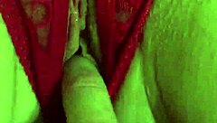 Bald pussy in red panties becomes wet and juicy