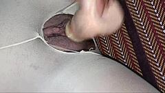 I tore the stockings and inserted the cock into the leg hole